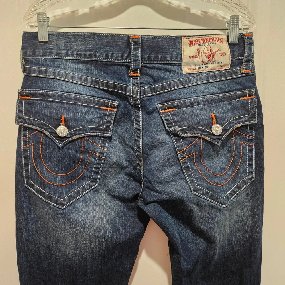 True Religion Jeans Mens 32 Blue Straight Flap Orange Stitch Distressed Ripped